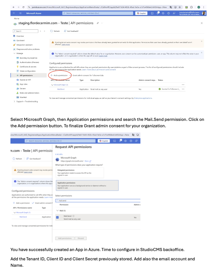Step 4 of the Microsoft 365 setup with the Microsoft Graph Mail.Send permission